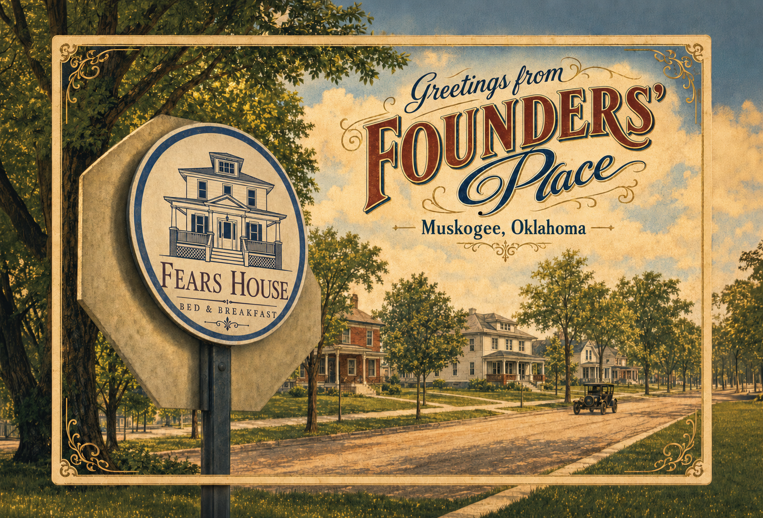 Illustration of Fears House Bed and Breakfast in the Founders’ Place Historic District of Muskogee, Oklahoma