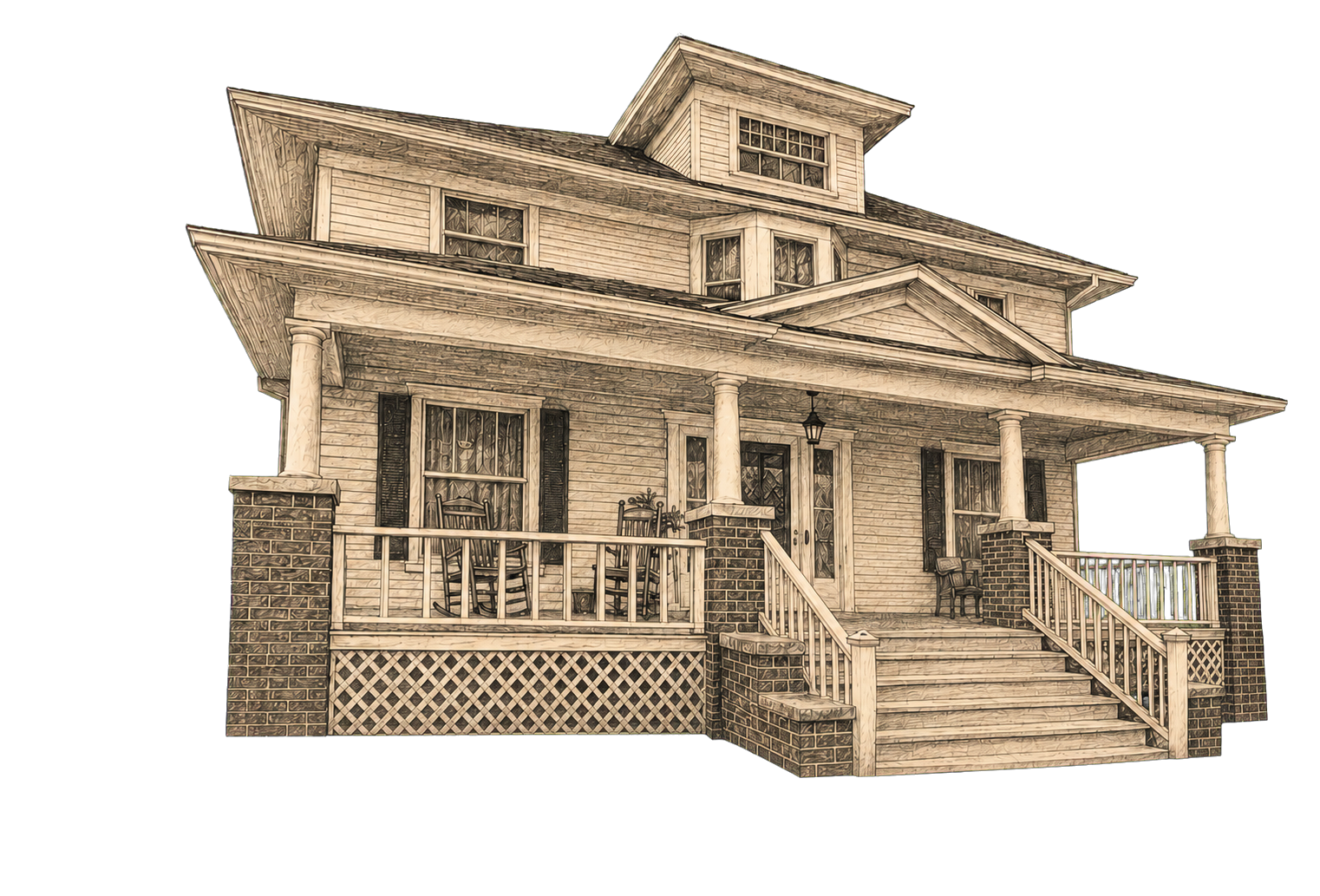 Architectural sketch of Fears House, a circa-1910 Colonial Revival home in Founders’ Place, Muskogee, Oklahoma